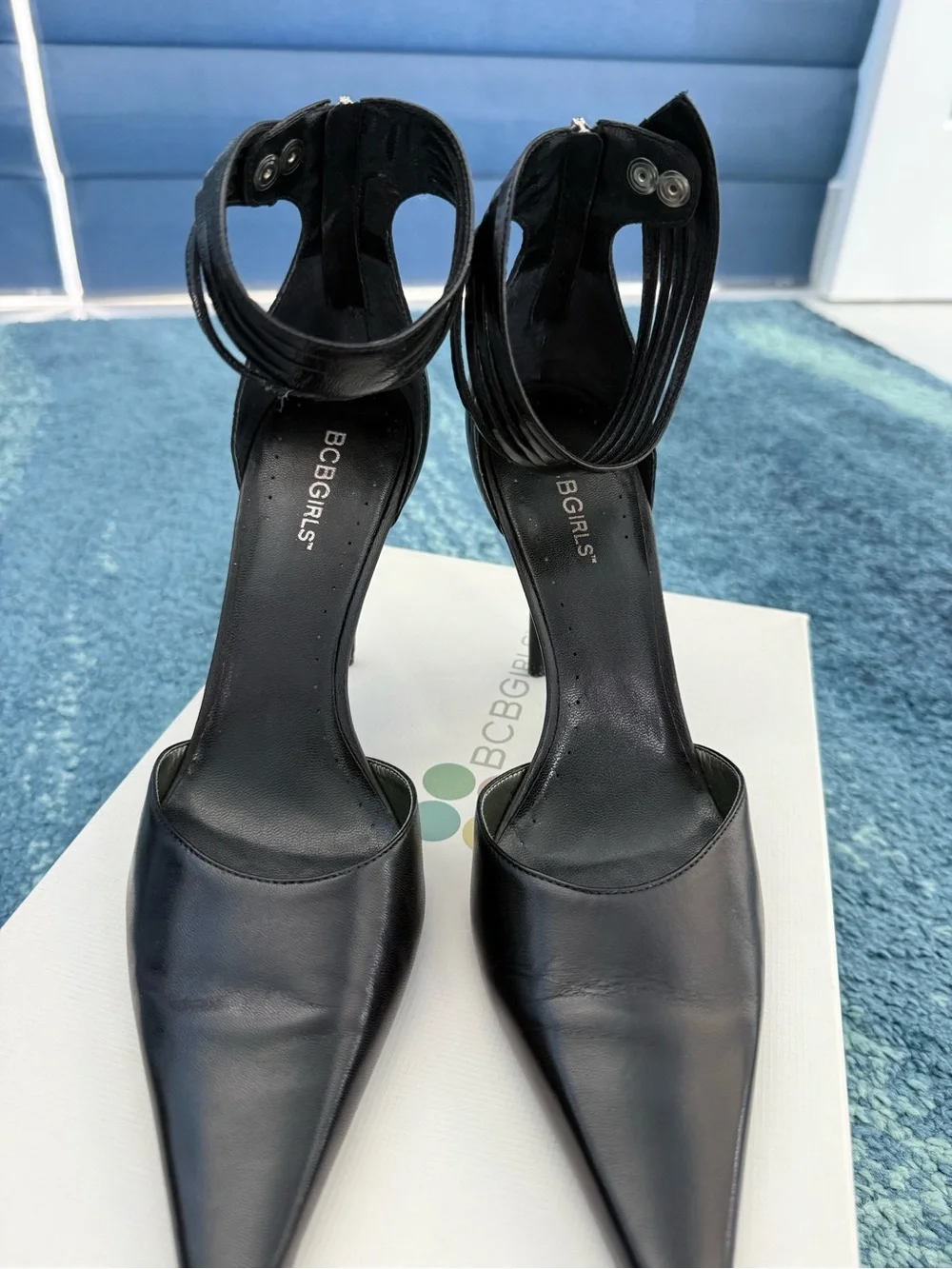 BCBG Black Pointed Ankle-Strap Stiletto Heels with Slim Heel